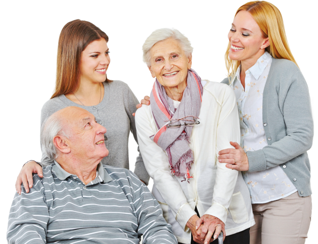 elderly people and two caregiver